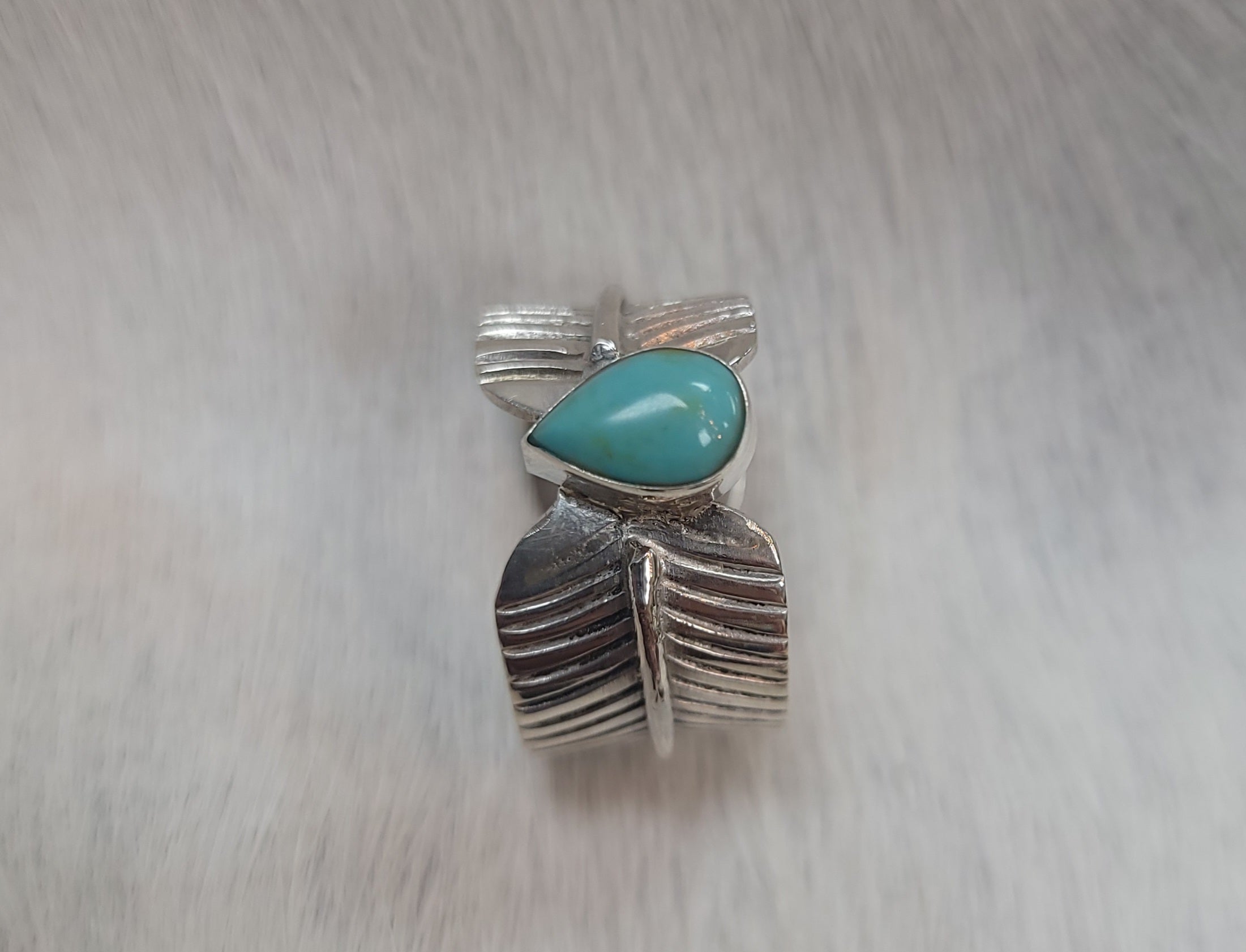 FEATHERED TURQUOISE TEARDROP STERLING SILVER RING BY P DIAMOND DESIGNS