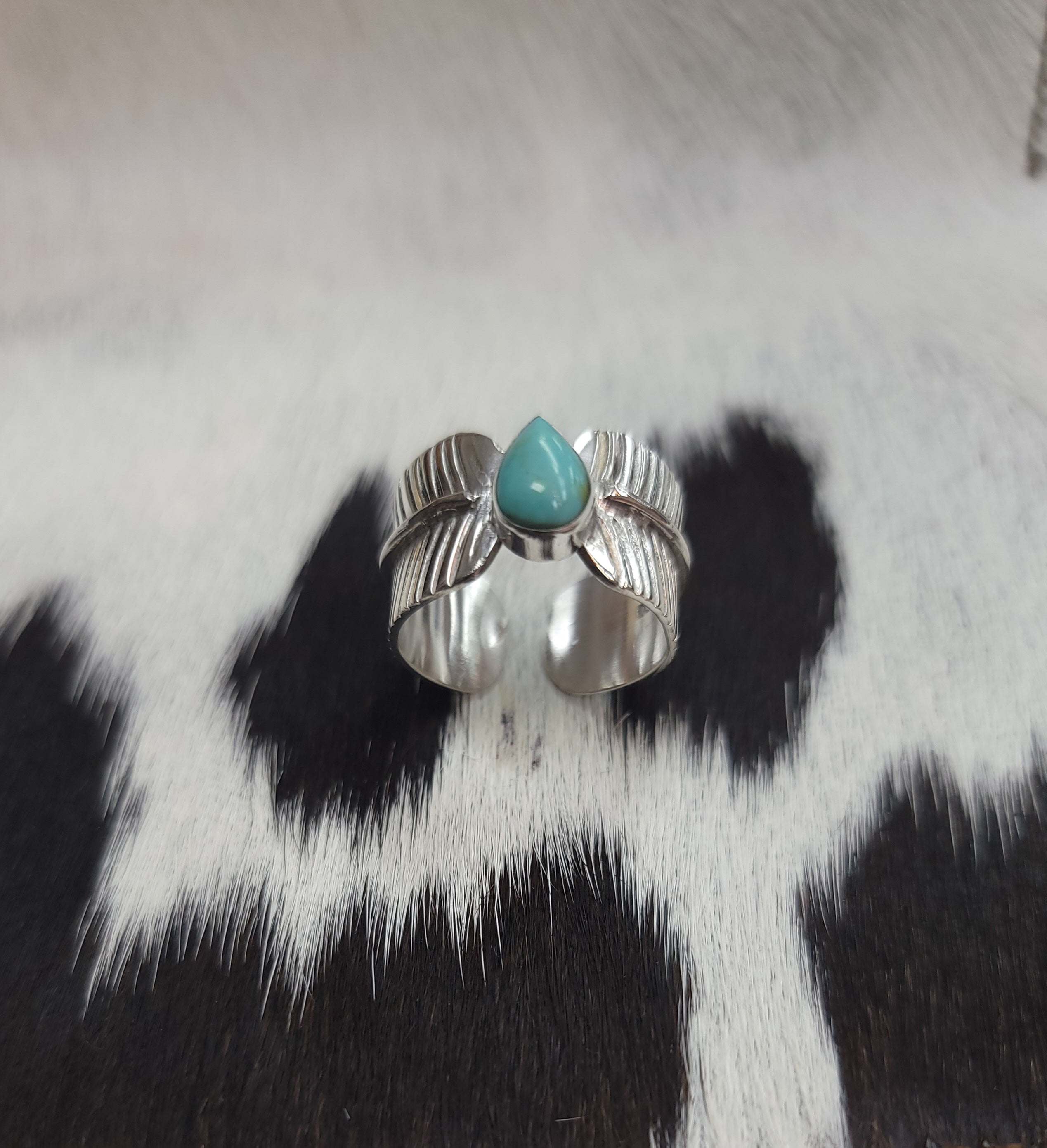 FEATHERED TURQUOISE TEARDROP STERLING SILVER RING BY P DIAMOND DESIGNS