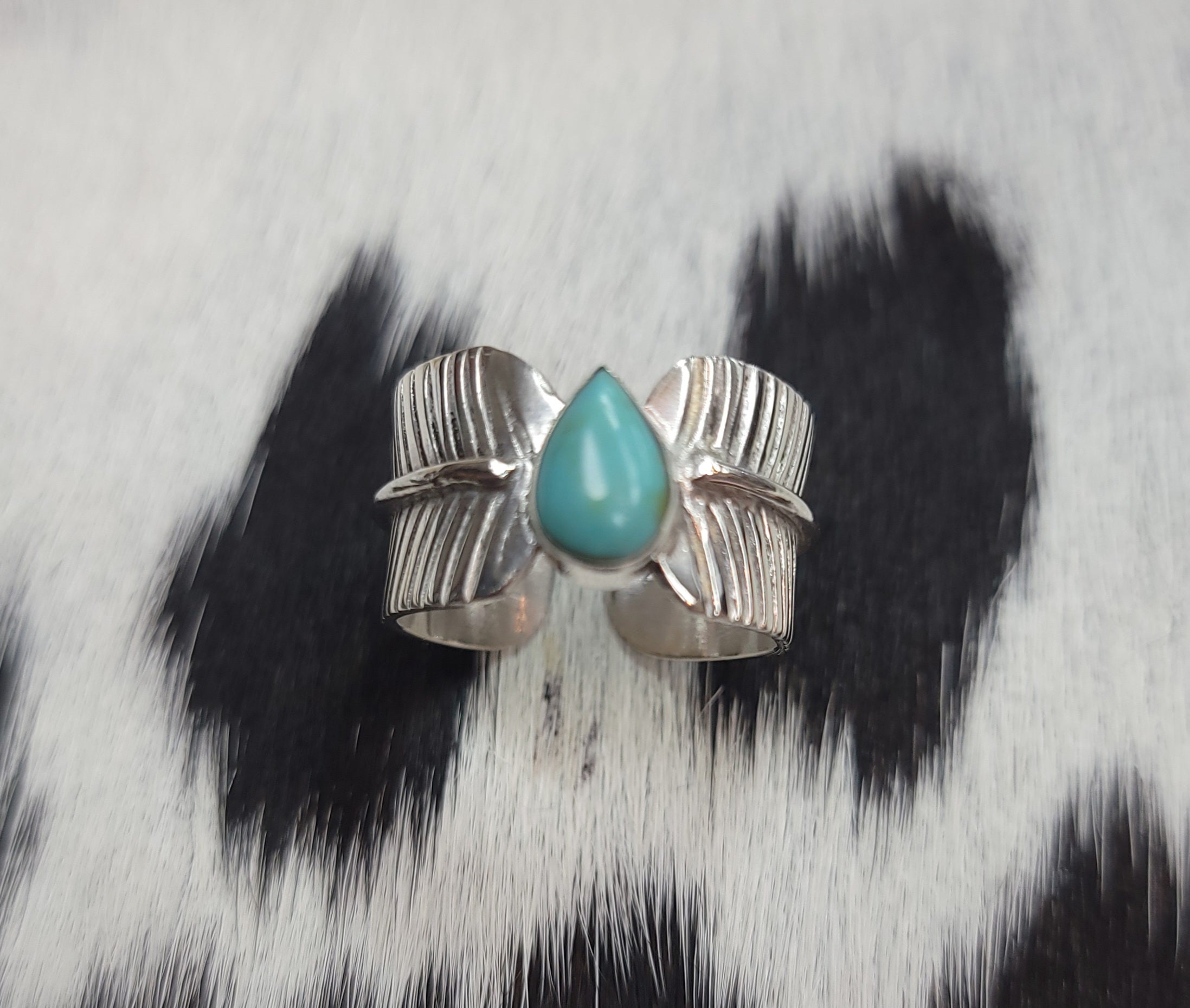 FEATHERED TURQUOISE TEARDROP STERLING SILVER RING BY P DIAMOND DESIGNS