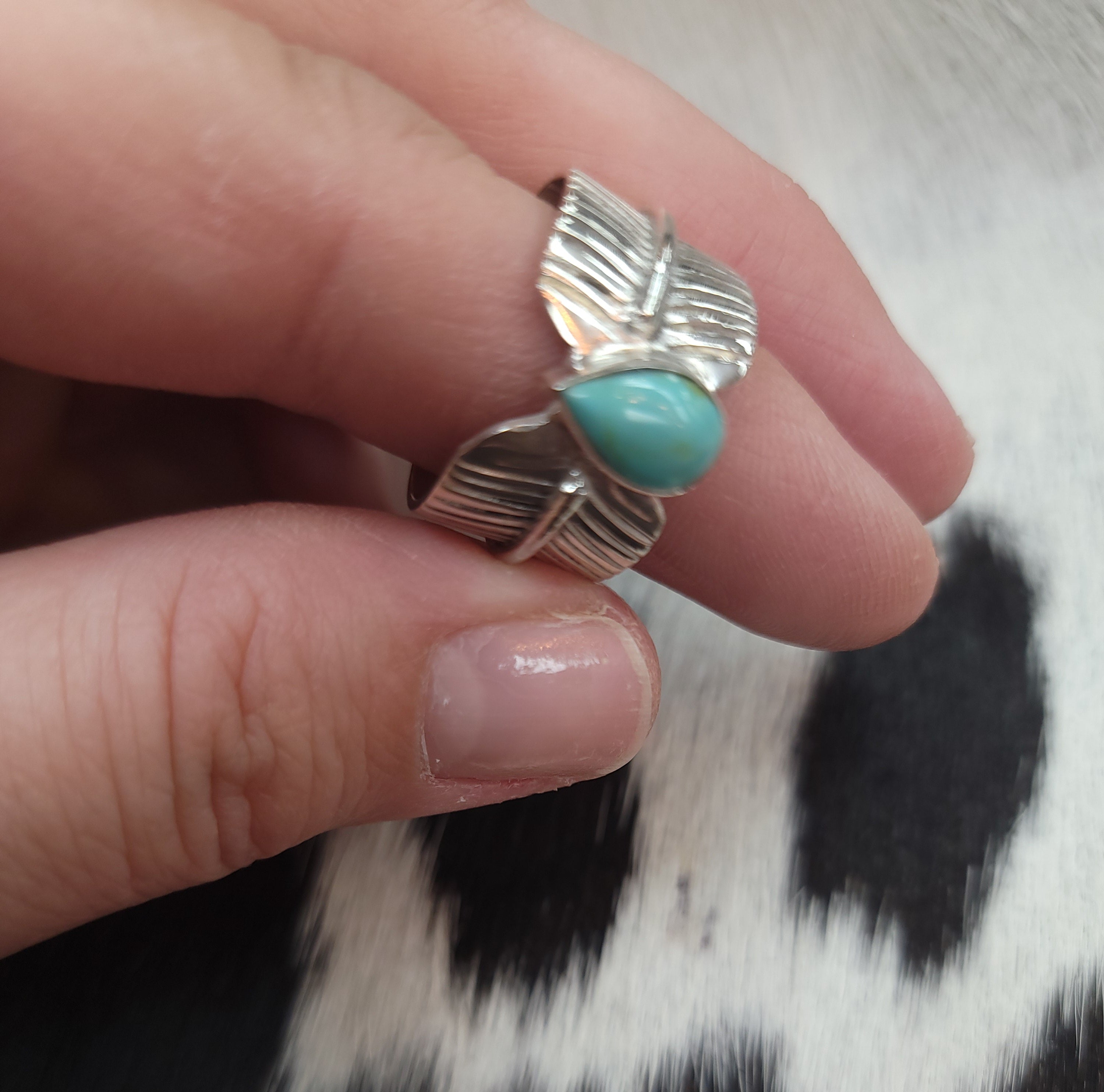 FEATHERED TURQUOISE TEARDROP STERLING SILVER RING BY P DIAMOND DESIGNS