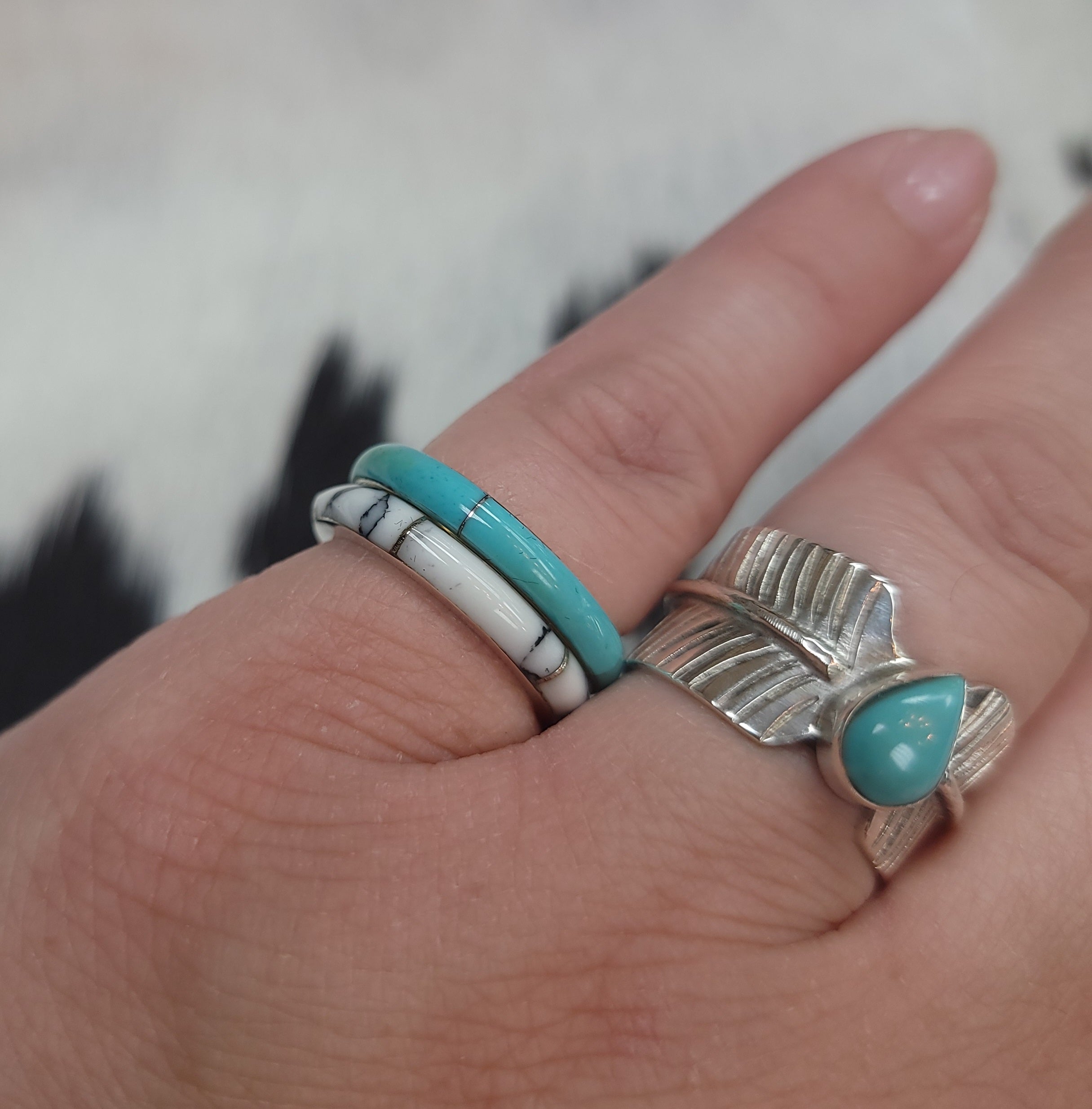 FEATHERED TURQUOISE TEARDROP STERLING SILVER RING BY P DIAMOND DESIGNS