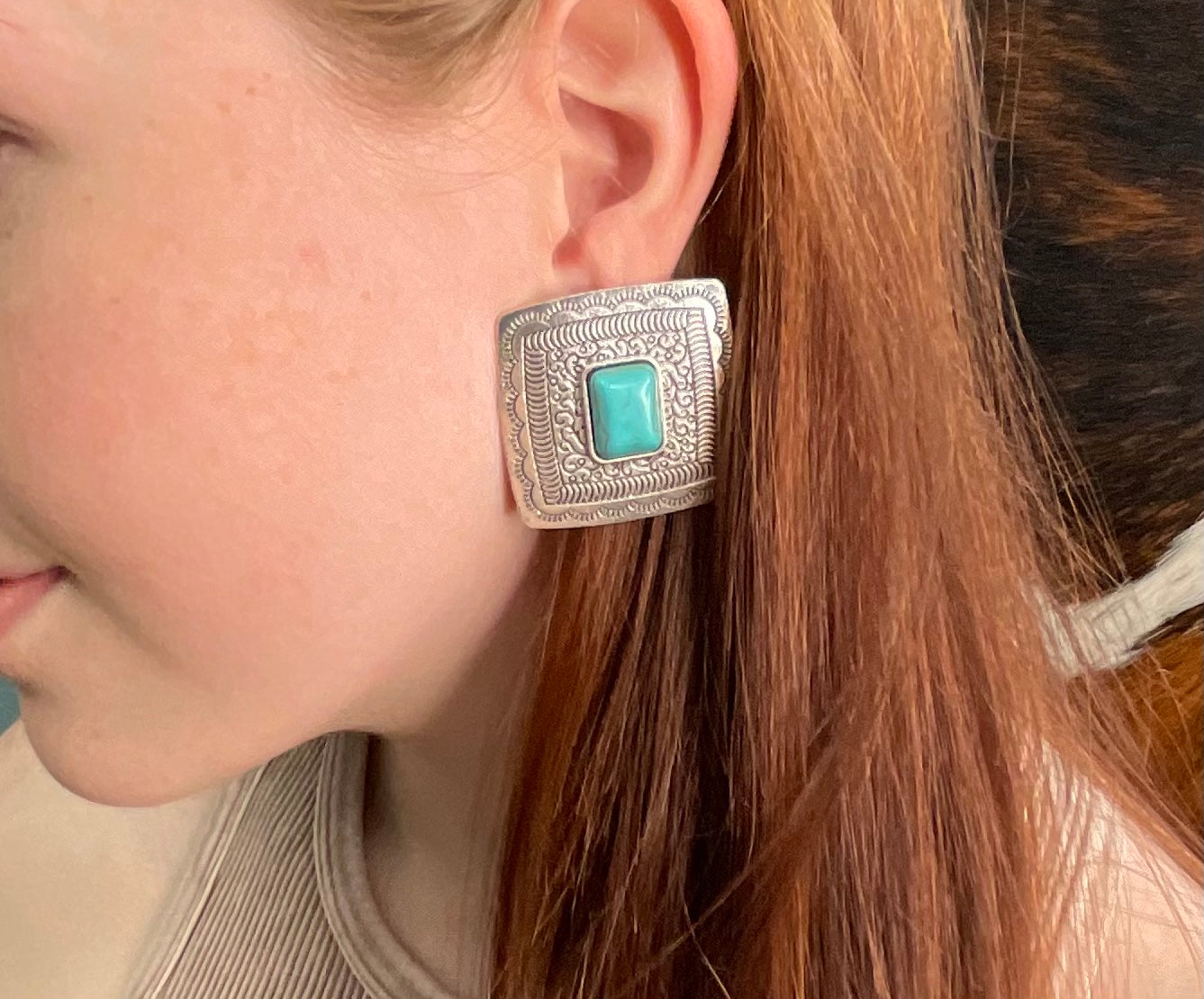 Square Silver Concho & Turquoise Earring