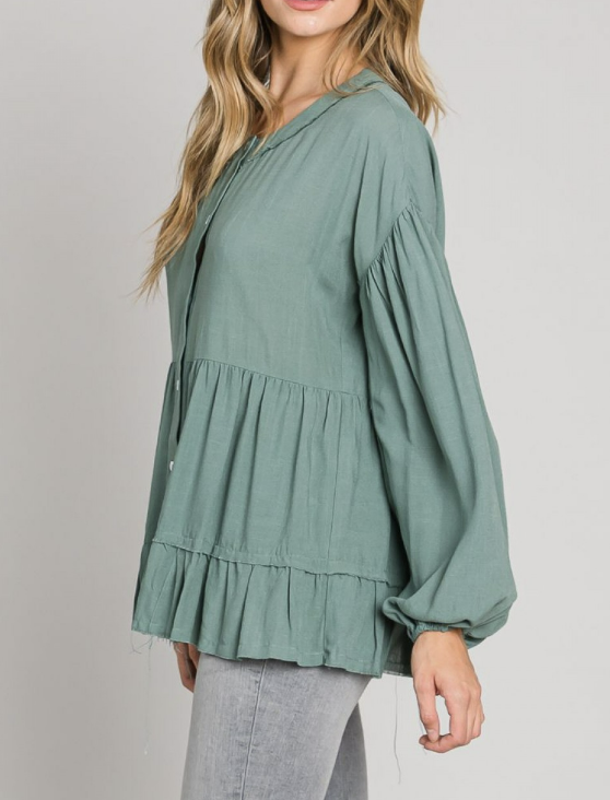 Button Down Babydoll Flare Blouse with Balloon Sleeves