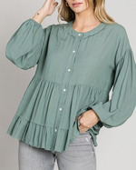 Load image into Gallery viewer, Button Down Babydoll Flare Blouse with Balloon Sleeves
