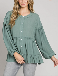 Button Down Babydoll Flare Blouse with Balloon Sleeves