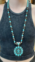 Load image into Gallery viewer, Turquoise &amp; Navajo Pearl Squash Blossom Necklace
