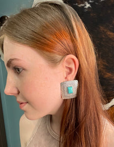 Square Silver Concho & Turquoise Earring