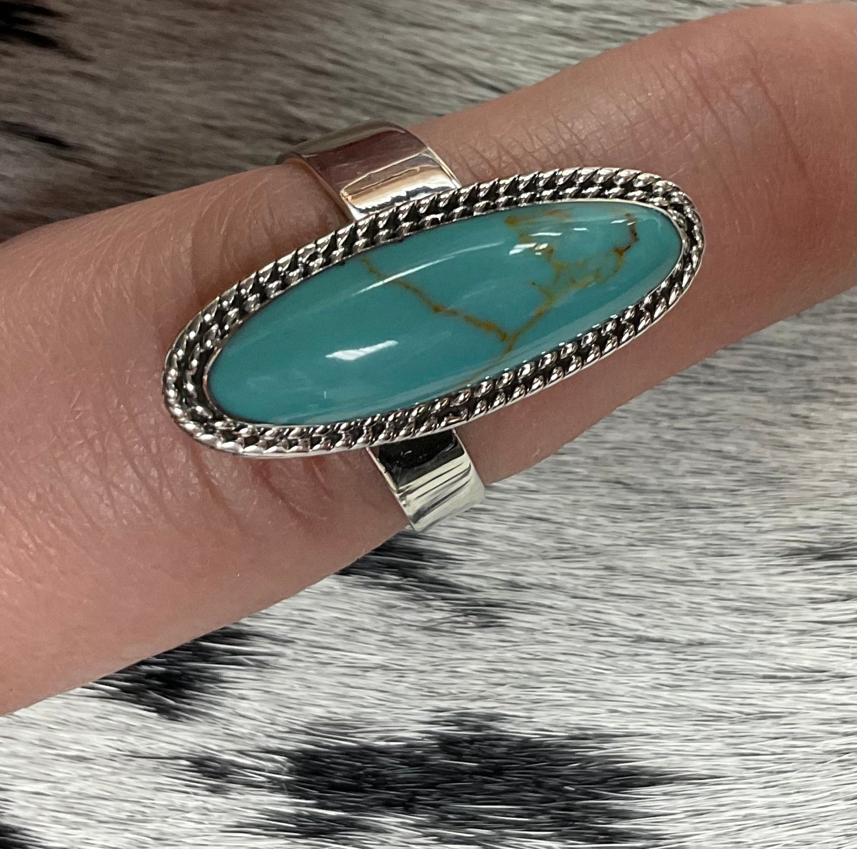 Long Oval Turquoise Ring Adjustable Solid Band by P Diamond Designs