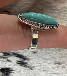 Long Oval Turquoise Ring Adjustable Solid Band by P Diamond Designs