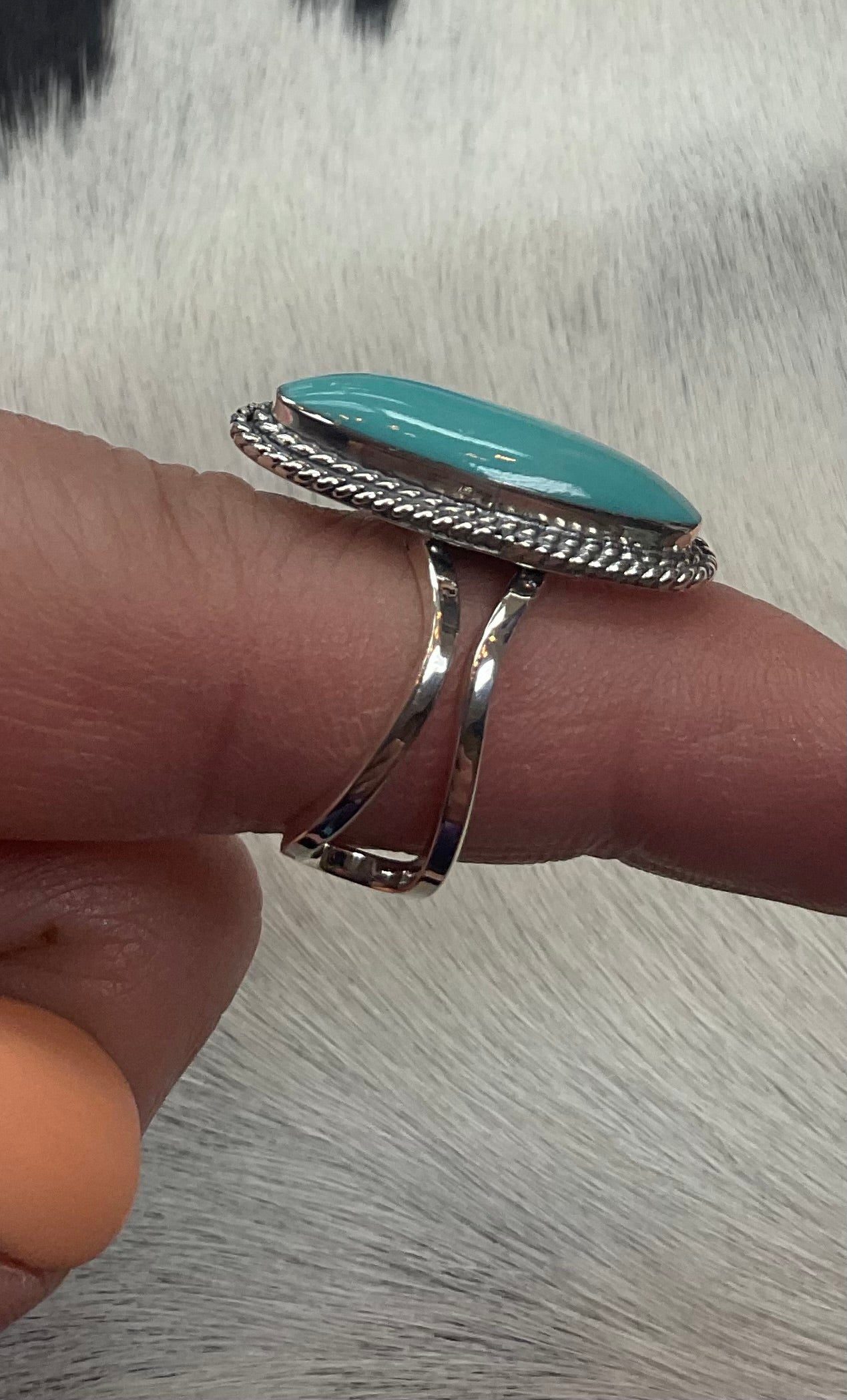 Long Oval Turquoise Ring Adjustable Split Band by P Diamond Designs