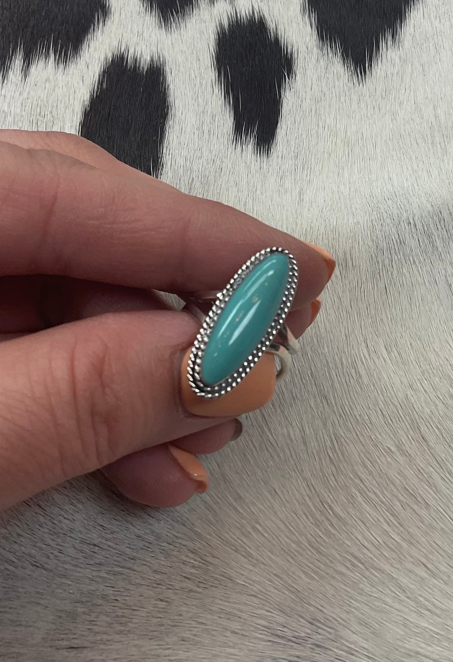 Long Oval Turquoise Ring Adjustable Split Band by P Diamond Designs