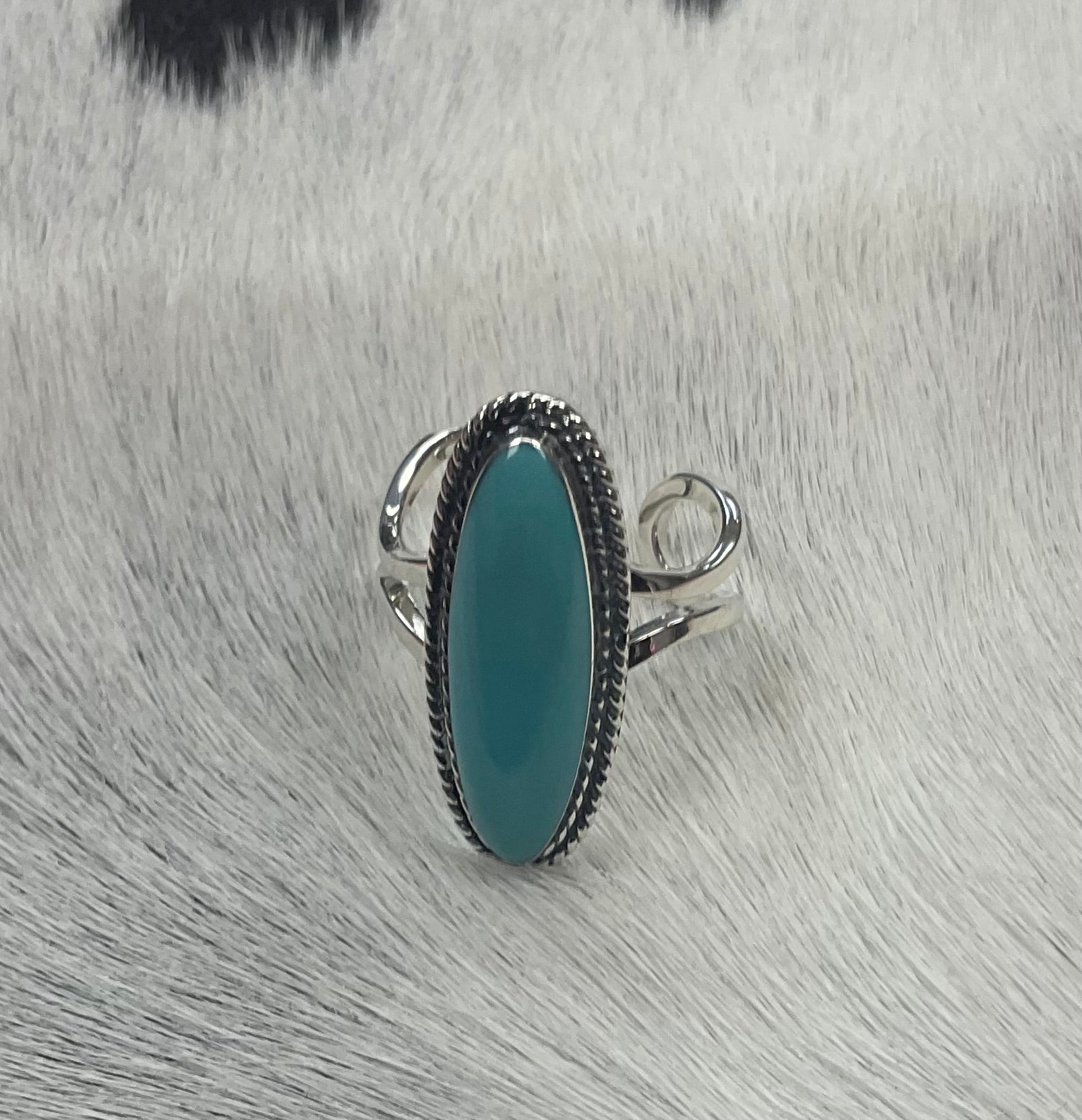 Long Oval Turquoise Ring Adjustable Split Band by P Diamond Designs