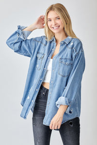 Gretchen Pearl Snap Distressed Denim Shirt – House Of Carter