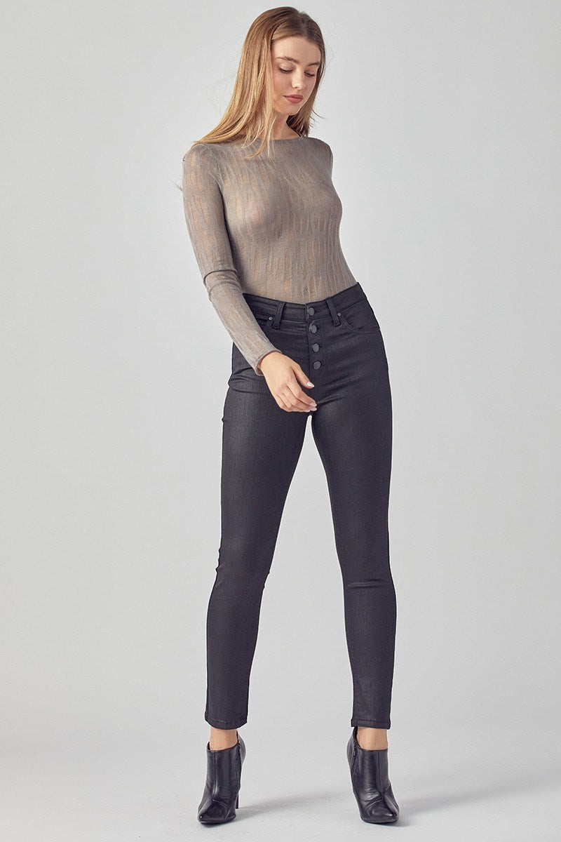 Becca Midrise Button Down Black Coated Skinny Jeans – House Of Carter