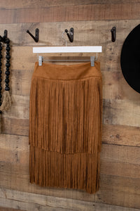 SUEDE TIERED FRINGE SKIRT