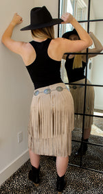 Load image into Gallery viewer, SUEDE TIERED FRINGE SKIRT
