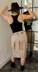 SUEDE TIERED FRINGE SKIRT