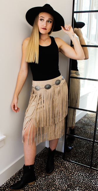 SUEDE TIERED FRINGE SKIRT