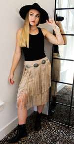 Load image into Gallery viewer, SUEDE TIERED FRINGE SKIRT
