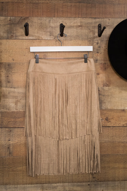 SUEDE TIERED FRINGE SKIRT