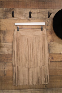 SUEDE TIERED FRINGE SKIRT