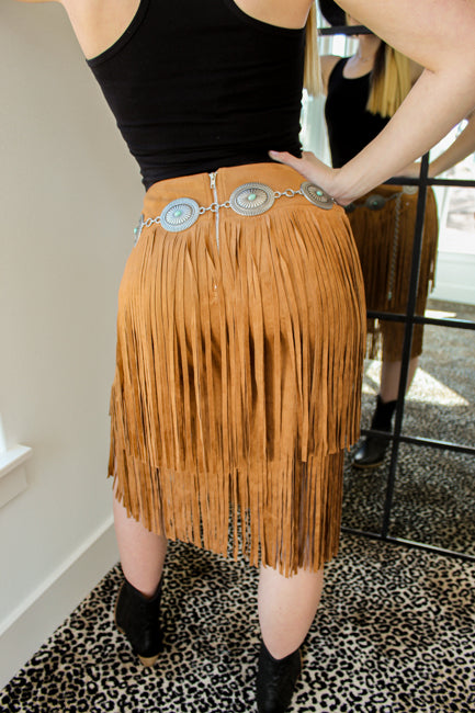 SUEDE TIERED FRINGE SKIRT